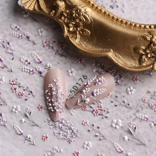 JMEOWIO 3D Floral Nail Art Stickers - Self-Adhesive Decals, 4 Sheets