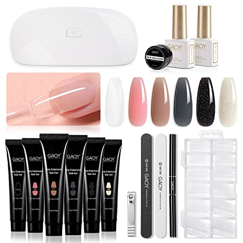 GAOY Poly Gel Nail Kit with UV Light Starter Kit – Set C, 6 Colors Nude Pink Black, Includes Top/Base Coat, Lamp & Tools