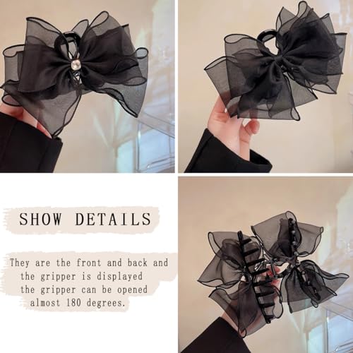 Large Black Mesh Tulle Bow Hair Claw Clips with Diamonds - 2 PCS