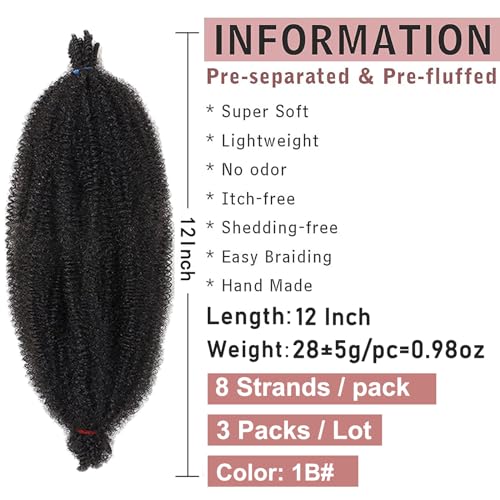 XTREND 12 Inch Afro Twist Hair 3 Pack 1B# Pre-Fluffed Distressed Soft Locs, 12in (3 Pcs)