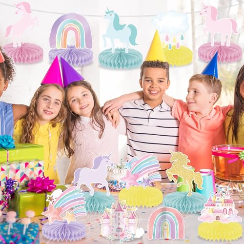 12Pcs Rainbow Unicorn Honeycomb Centerpieces for Birthday Party