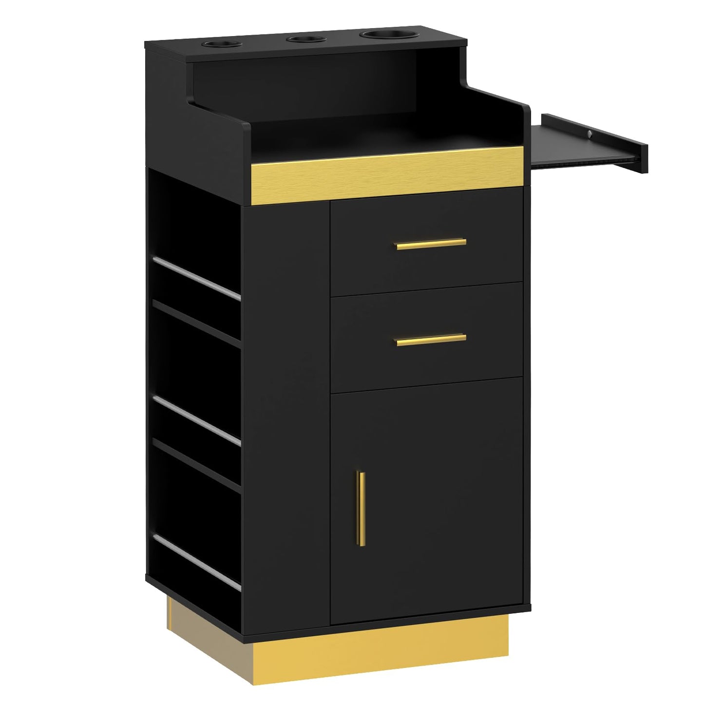 Oakvera Salon Station for Hair Stylist, Barber Station Salon Storage Systems with 3 Hot Tools Holders, a Tray, a Large Storage Cabinet & 2 Drawers for Barbershop, Beauty & Nail Salon, Black
