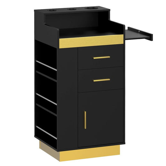 Oakvera Salon Station for Hair Stylist, Barber Station Salon Storage Systems with 3 Hot Tools Holders, a Tray, a Large Storage Cabinet & 2 Drawers for Barbershop, Beauty & Nail Salon, Black