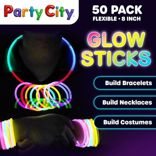 Party City 50 Glow Sticks Bulk Pack – 8” Neon Glow Party Supplies