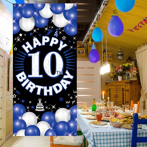 10th Birthday Fabric Backdrop Banner for Boys & Girls - Blue