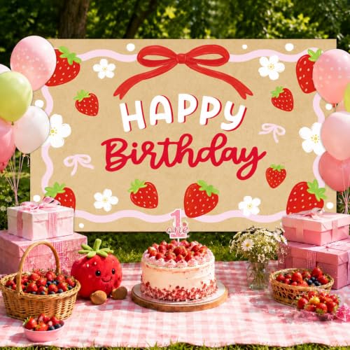 Strawberry Birthday Backdrop Banner - 39x24.5 Inch Berry Decor
