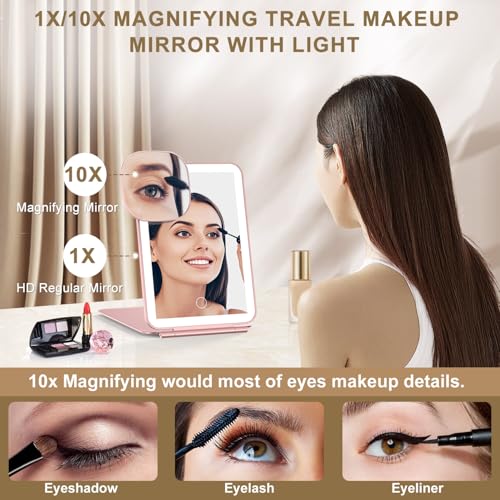 Mocado Travel Makeup Mirror with LED Light - Rose Gold, 10x Magnification