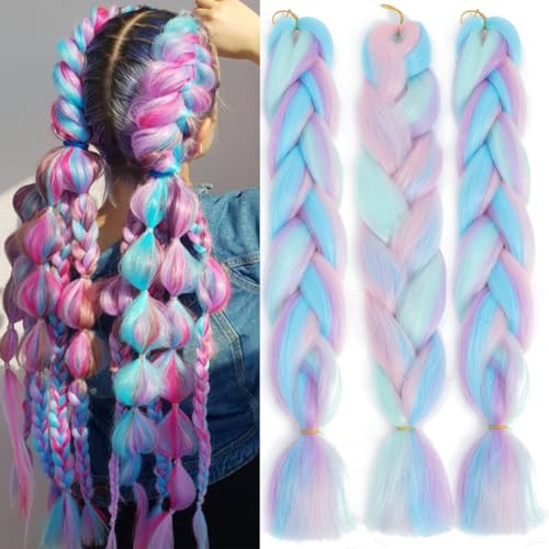 Rainbow Braiding Hair 3 Packs 24inch Jumbo Synthetic Extensions for Twist & Box Braids - Pink/Blue/Purple/Light Cyan
