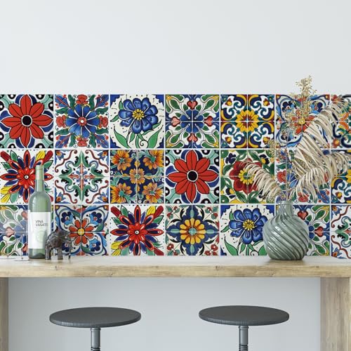 30 Pcs Waterproof Peel and Stick Wall Tile Decals - Spanish Floral 4x4 Inch