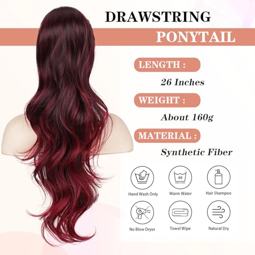 Red 26 Inch Drawstring Ponytail Extension - Long Wavy Hair for Women