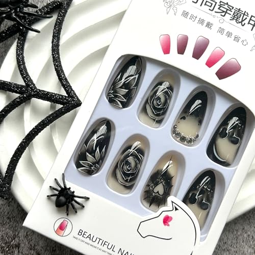 Goth Stiletto Press On Nails with Skull & Black Rose Design - 24 Pieces