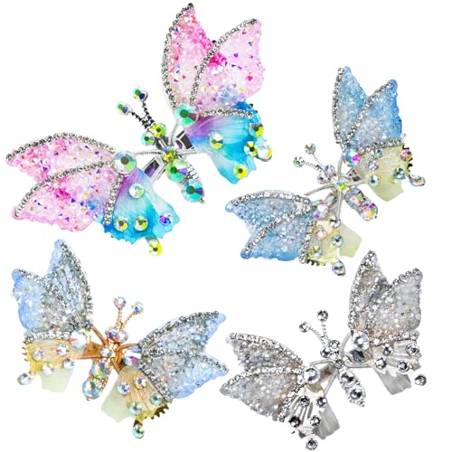 Moving Wing Butterfly Hair Clips with Rhinestones for Girls (4-Pack)