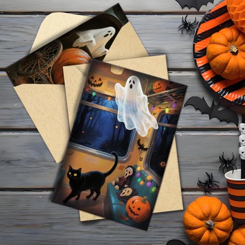 SuperShunhu Halloween Card Set - 24 Blank Note Cards with Cats & Ghosts