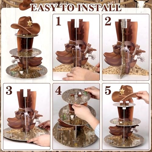 3-Tier Western Cowboy Cupcake Stand with 24 Toppers - Birthday Party Decoration