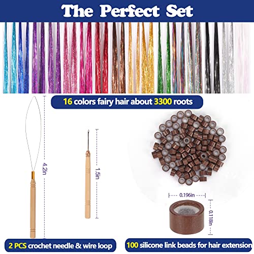 48-Inch Hair Tinsel Kit - 16 Colors Sparkling Extensions by ELASO