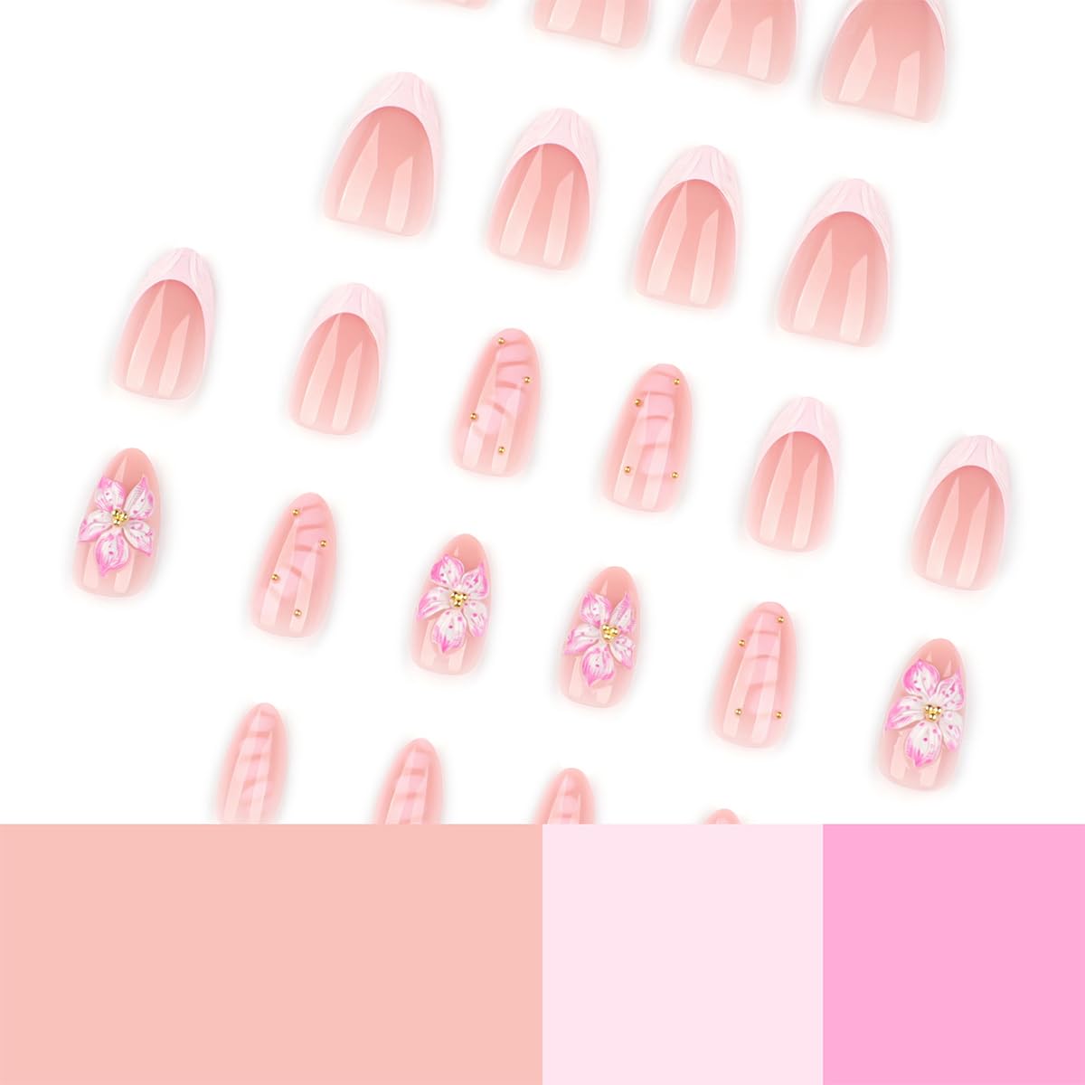 24Pcs French Tip Press on Nails Short Almond 3D Cherry Blossom Fake Nails Nude Pink False Nails with Gold Rhinestones Design Reusable Acrylic Glue on Nails for Women Wedding Party Daily DIY Manicure