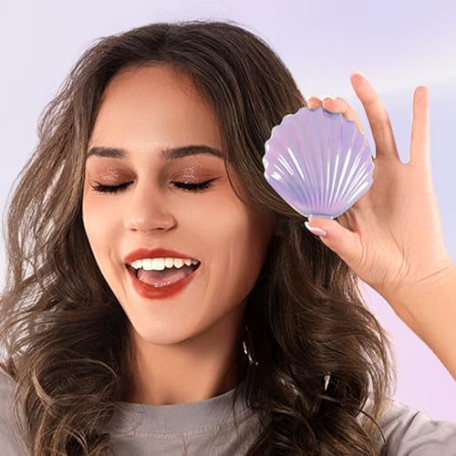 Purple Foldable Travel Hair Brush with Mirror - Compact Shell Design, Portable & Shiny Finish