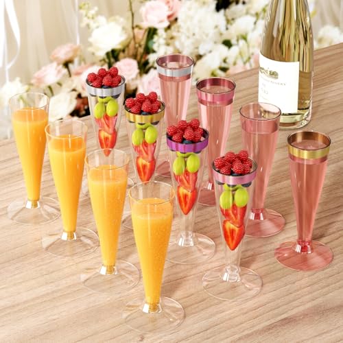 40 Pack Pink Plastic Champagne Flutes - 4.5oz Disposable Wine Glasses for Parties