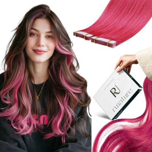RUNATURE Hot Pink Tape-In Hair Extensions, 12-Inch Remy Human Hair, 10pcs