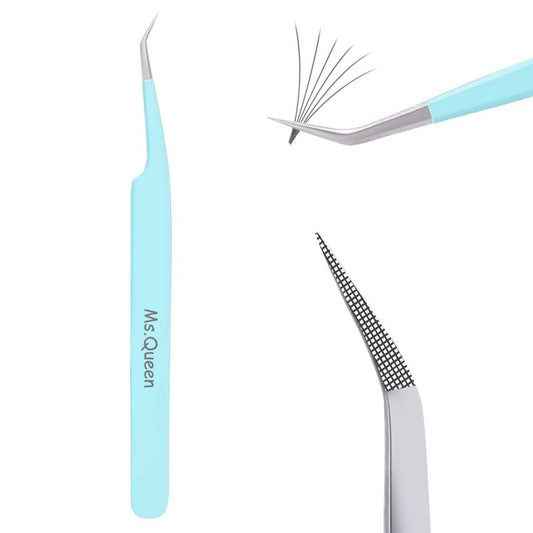 Ms.Queen Eyelash Extensions Tweezers,Professional Fiber Tip 45 Degree Lashing Tweezers for Volume Lash Extensions, Blue