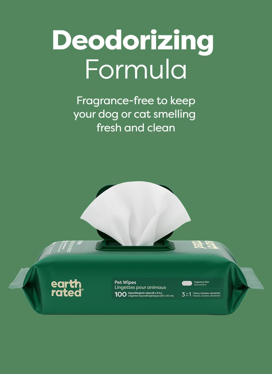 Earth Rated Pet Wipes - Hypoallergenic 3-in-1 Cleaning Wipes for Dogs & Cats | 100 Count, Unscented