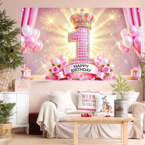 BlissYard First Pink Crown Birthday Banner 71x43 Inch Polyester Decor