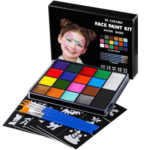 18-Color Face Painting Kit for Kids & Adults with Brushes and Stencils