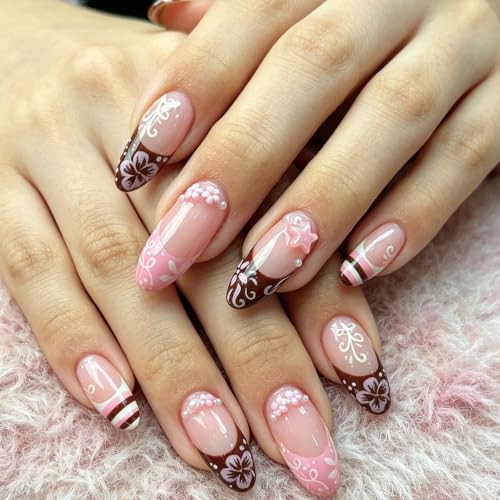 Medium Almond Press-On Nails with French Tips & 3D Design - 24 Pcs