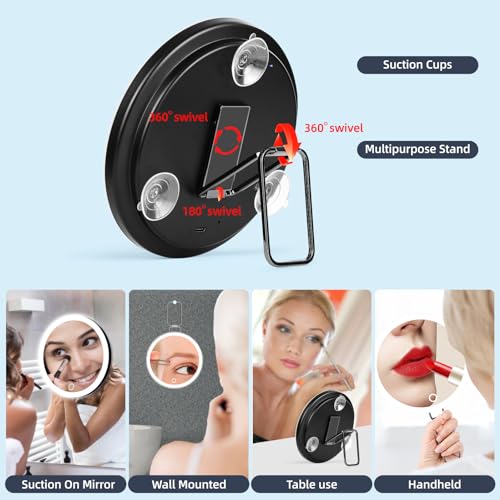 Suupvaor 30X Magnifying Lighted Travel Mirror - Black, 6-inch, Rechargeable, Dimmable, Suction & Stand