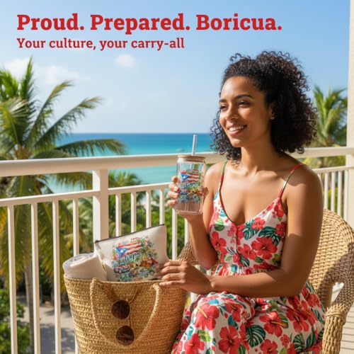Festkulux 16oz Puerto Rico Glass Water Mug with Bamboo Lid & Straw, Cultural Gift Set