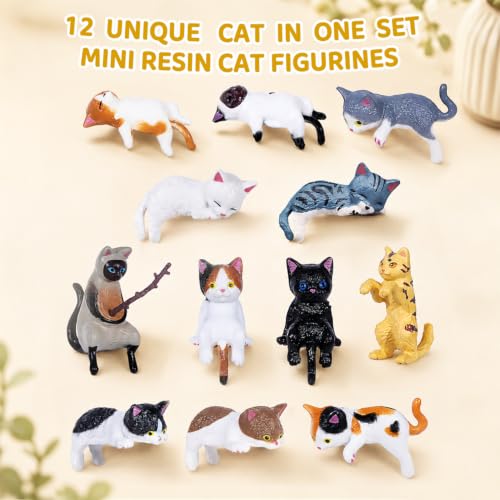 12 Mini Resin Cat Figurines Set - Cute Collectible Decor for Home & Office
