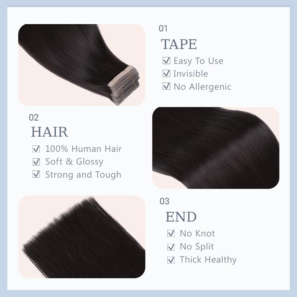 Tape In Hair Extensions 18 Inch Color 1B Straight Hair Extensions Double Weft VirgIn Soft And Silky Remy Invisible Natural Black Color