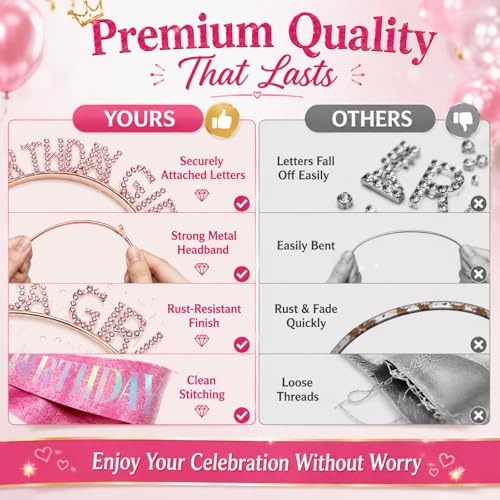 Pink Glitter Birthday Sash and Rhinestone Tiara Set for Women