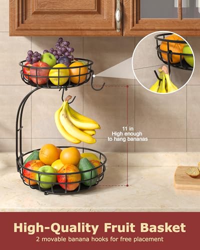 2 Tier Space-Saving Fruit Basket with Banana Hook for Kitchen