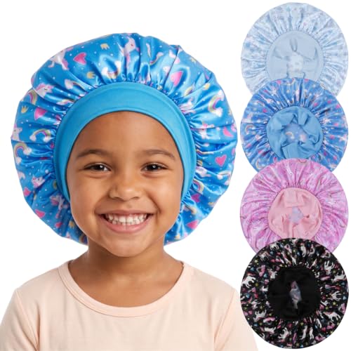 4-Pack Kids Satin Sleep Bonnet - Unicorn Print Wide Band Hair Cap for Girls