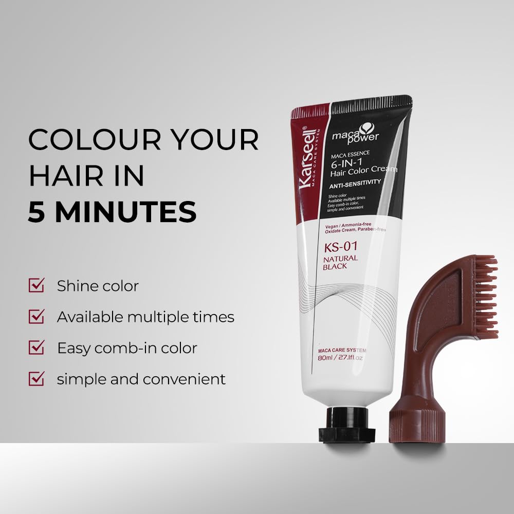Black Hair Dye with Comb Applicator - Ammonia-Free Maca Essence for 100% Gray Coverage | 80ml