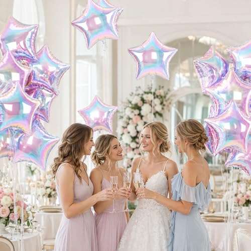 Iridescent Star Balloons - 18-Inch Foil Pack of 10 for Parties