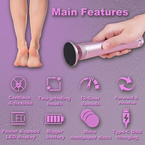 Electric Callus Remover for Feet - Pink, Rechargeable, Dual Grinding Heads