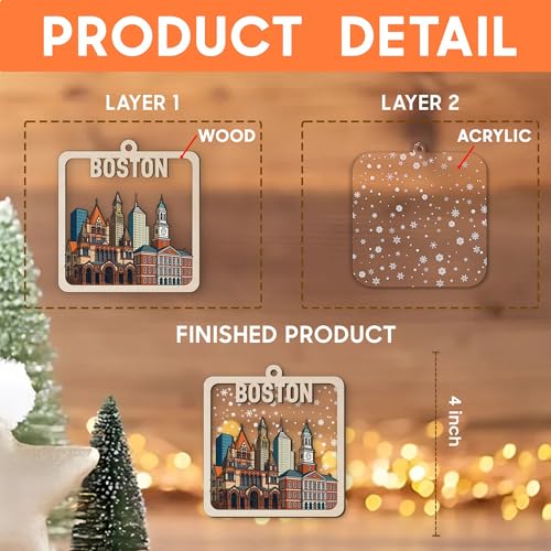 Boston Wooden Christmas Ornament - 2-Layer Skyline Decoration