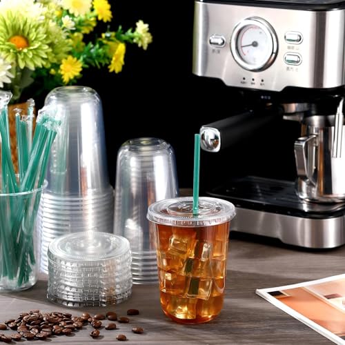 Baderke 50 Sets 16 oz Clear Plastic Cups with Lids & Straws
