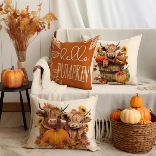 Highland Cow Fall Pillow Covers Set of 4 - 20x20 Inch Decorative Cases