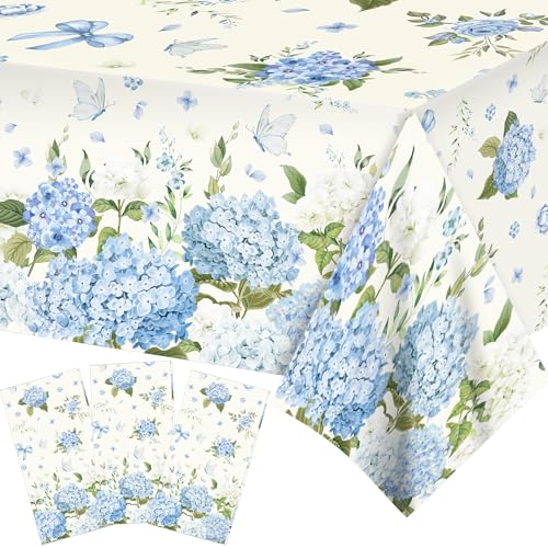 Blue Floral Hydrangea Disposable Tablecloths - 3 Pcs for Parties