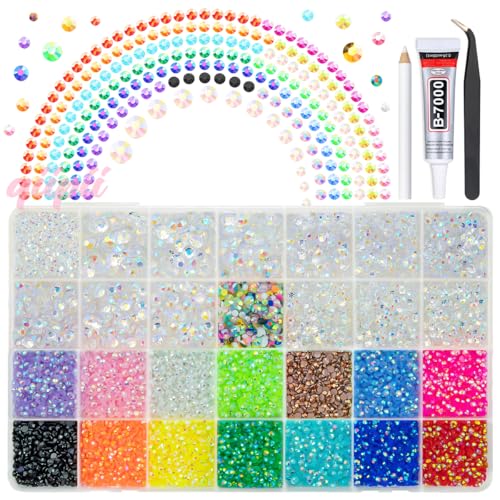 Transparent AB Resin Rhinestones Kit with B7000 Glue - 2mm-6mm Flatback Gems for Crafting