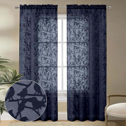 Navy Blue Sheer Curtains 84 Inches - 2 Panel Jacquard Drapes