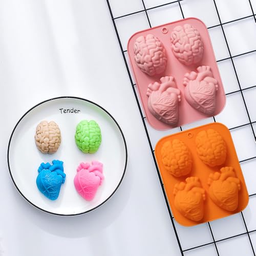 4-Piece Silicone Heart and Brain Molds for Halloween Desserts