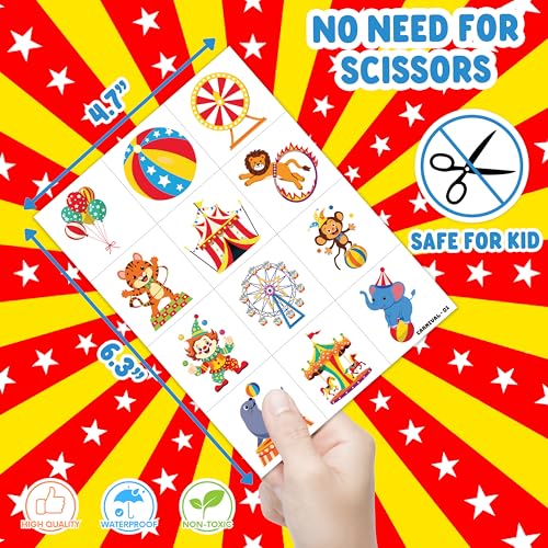 60 PCS Carnival Temporary Tattoos for Kids - Circus Clown & Animal Designs