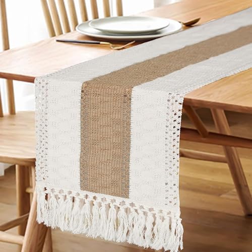 Boho Macrame Table Runner with Tassels - 12x60 Inches for Rustic Home Decor