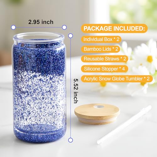 16 oz Acrylic Snow Globe Tumblers with Bamboo Lids - 2 Pack