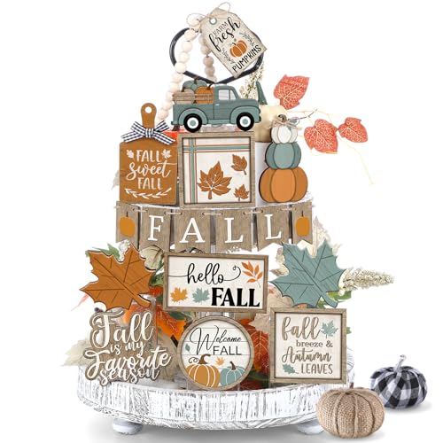 21 Pcs Fall Tiered Tray Decorations Set - Autumn Farmhouse Decor