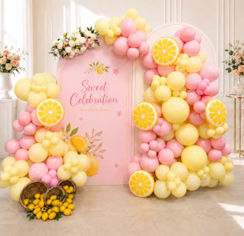 Lemon Balloon Garland Arch Kit - 142Pcs Pink & Yellow Balloons for Baby Shower & Birthday Party Decor